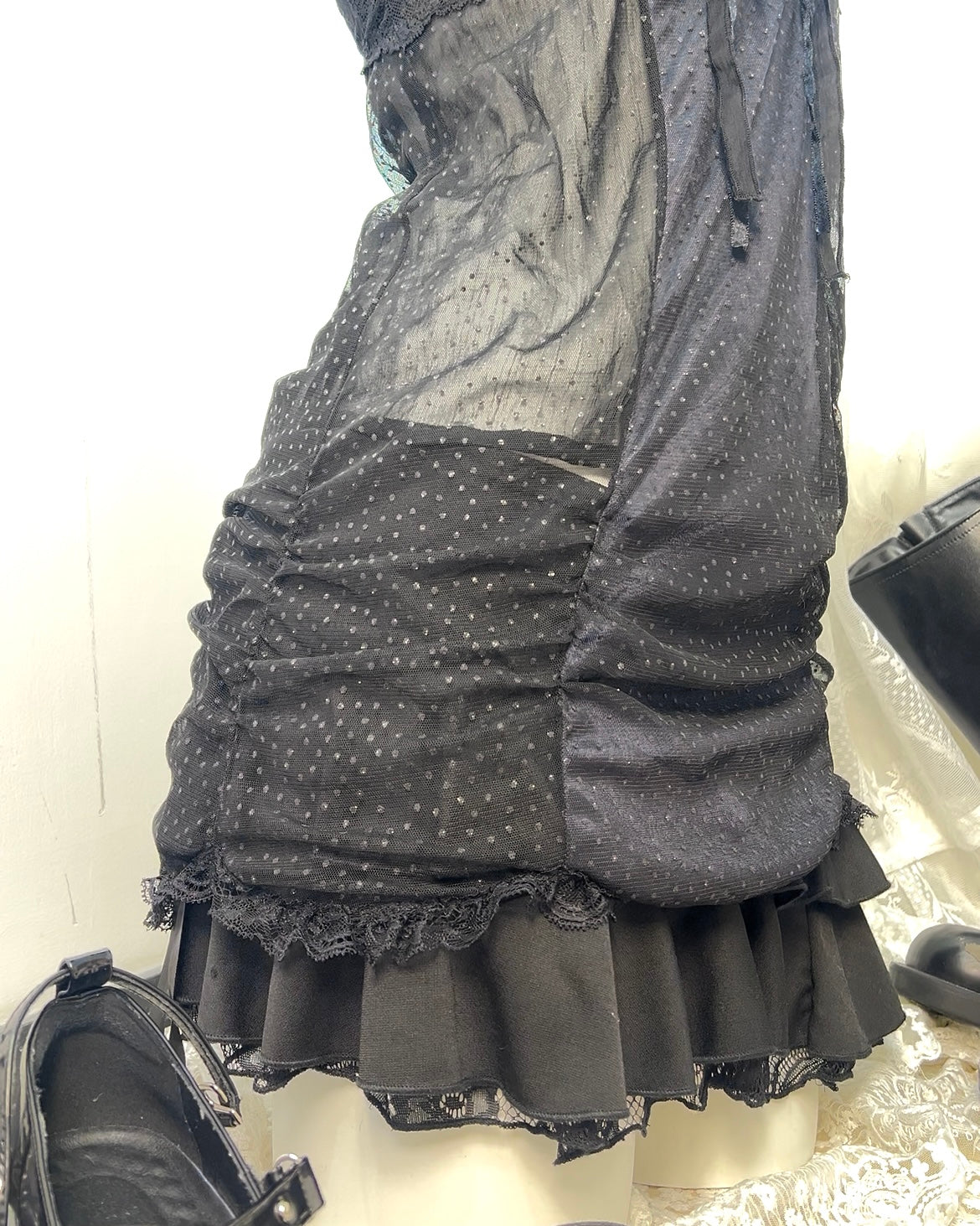 Black Satin Dot Mesh Slip