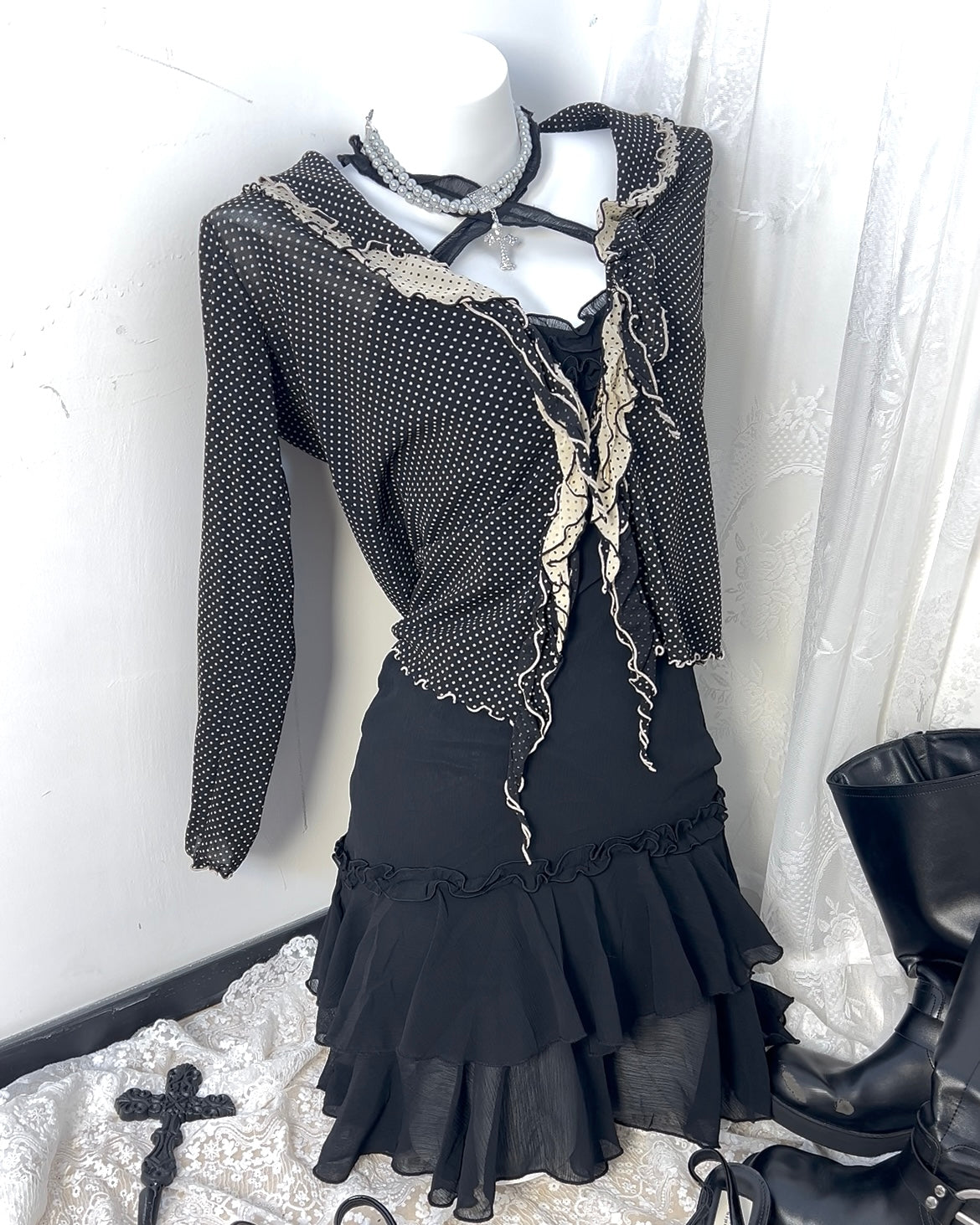 Polka Lace Trim Tie Blouse Outer