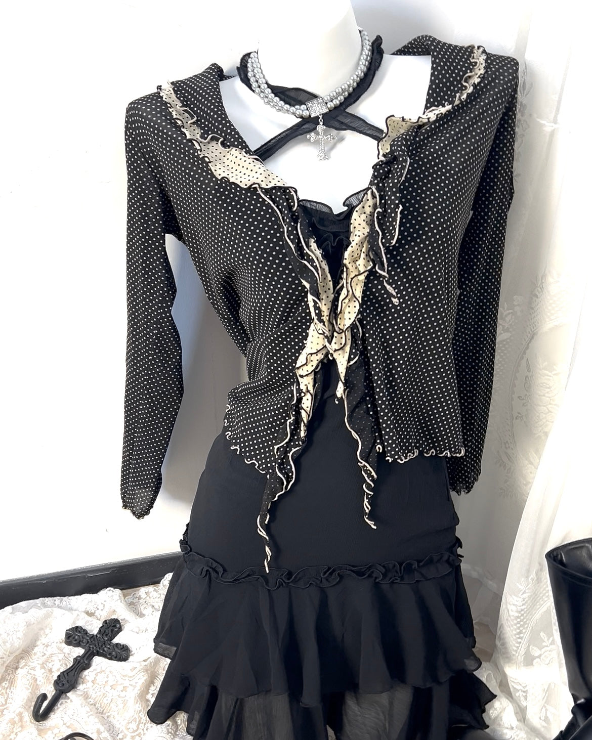 Polka Lace Trim Tie Blouse Outer