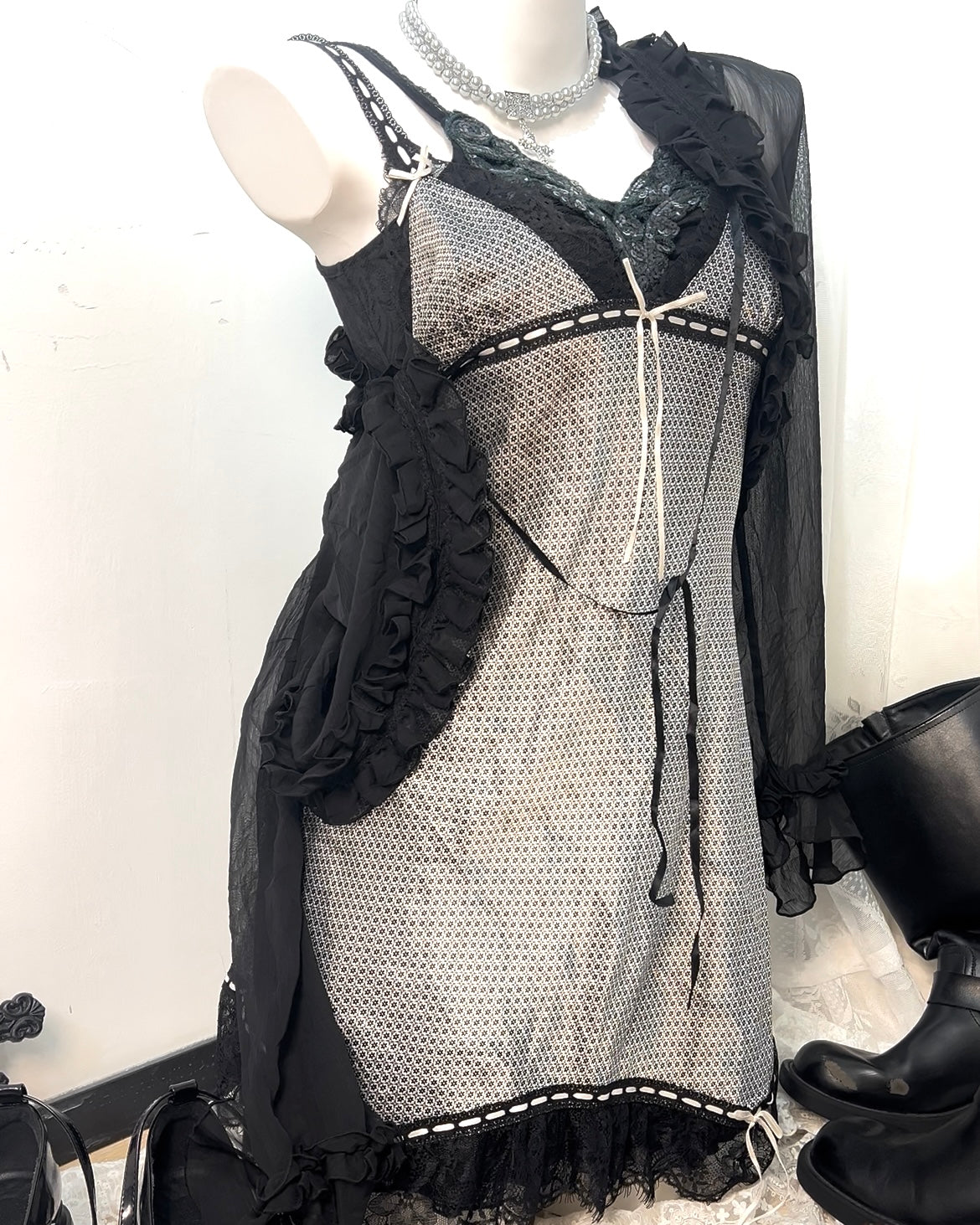 Sheer Ruffle Tie Blouse Outer