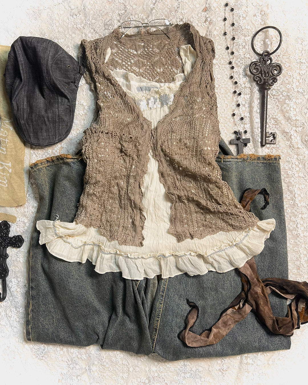 Dusty Crochet Knit Vest Layering Set