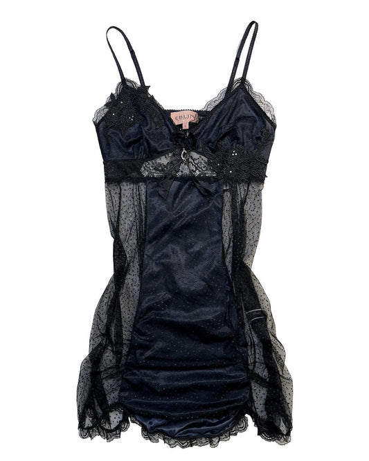 Black Satin Dot Mesh Slip