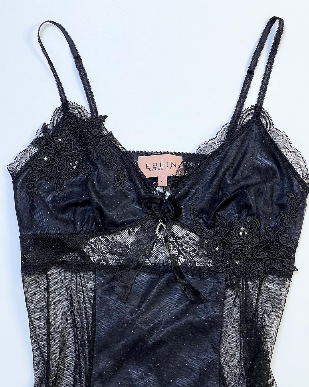 Black Satin Dot Mesh Slip
