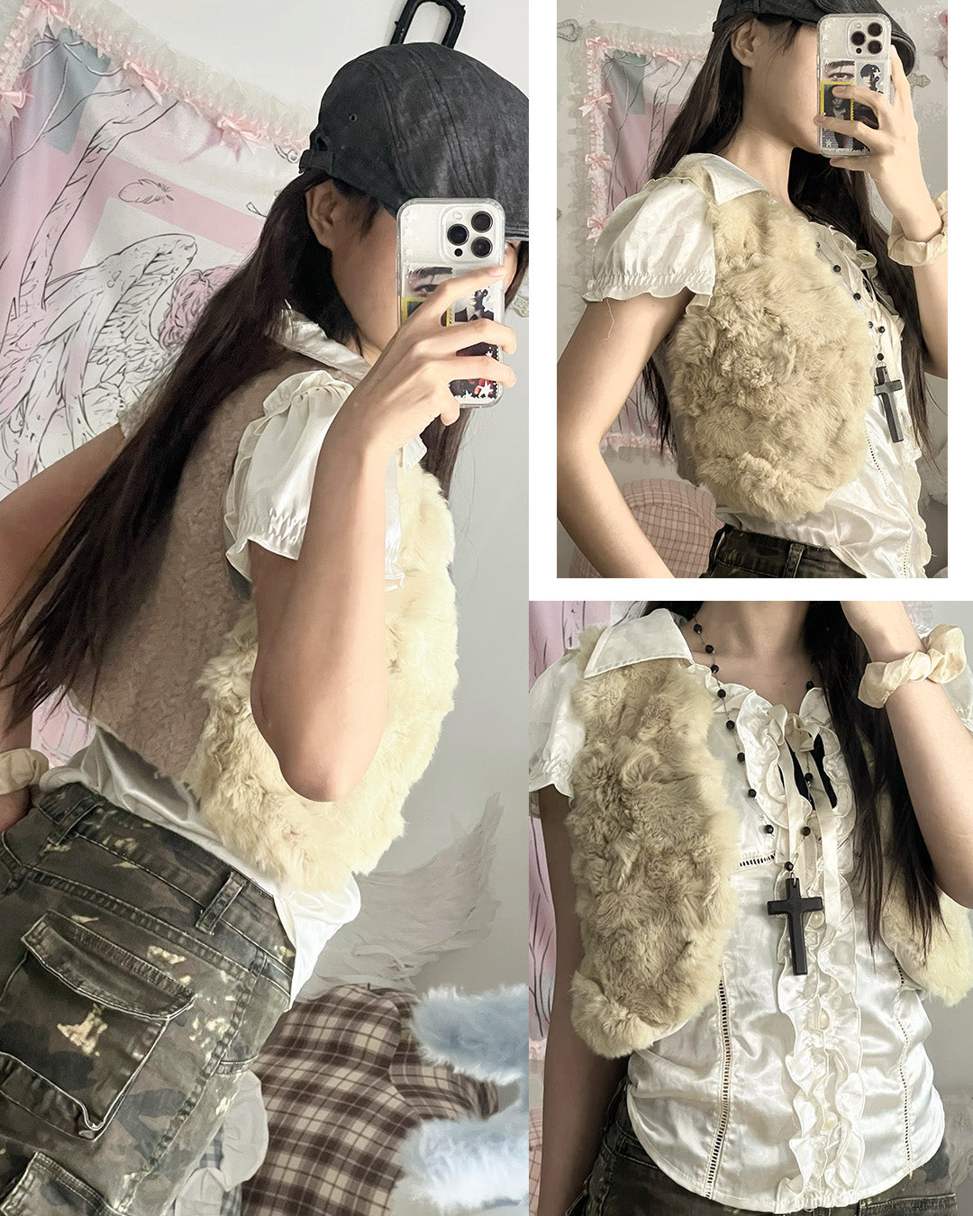 Satin Puff & Fur Vest Set
