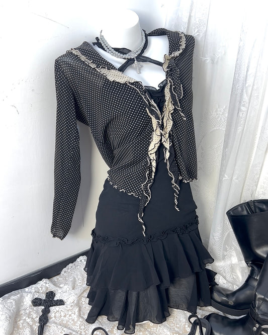 Polka Lace Trim Tie Blouse Outer