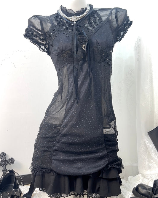 Black Satin Dot Mesh Slip