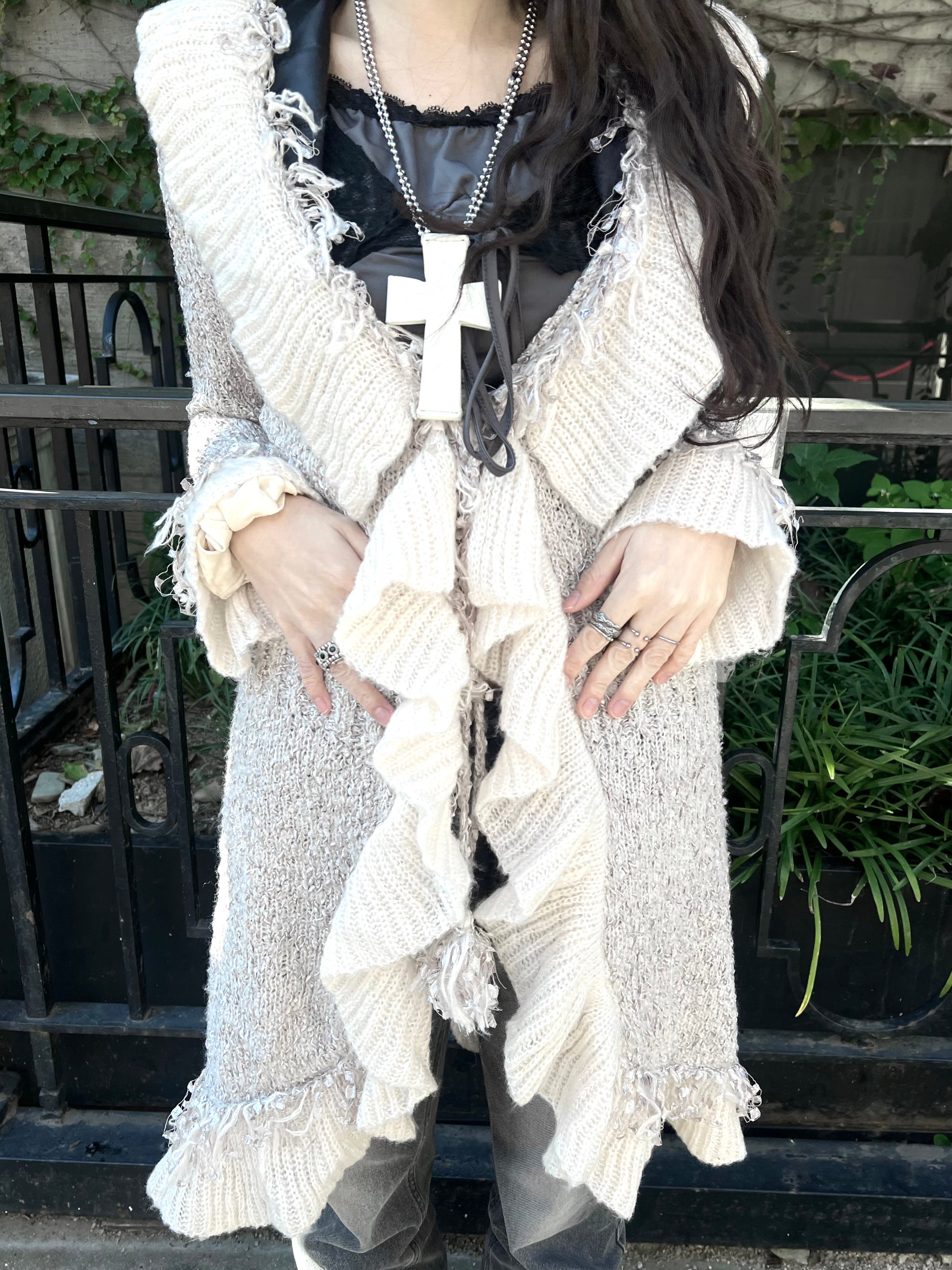 🅜 a h ᵒ ᵐ < a d e ) Lazy Antique Ruffle Knit Cardigan – MAHŌCARD 🅜 a h ᵒ ᵐ < a d e ) Lazy Antique Ruffle Knit Cardigan – MAHŌCARD