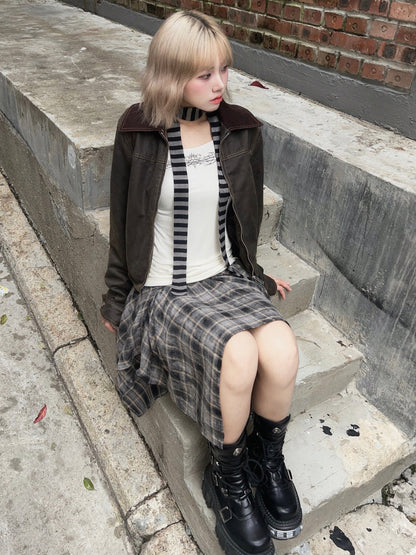 Distressed Plaid Skirt