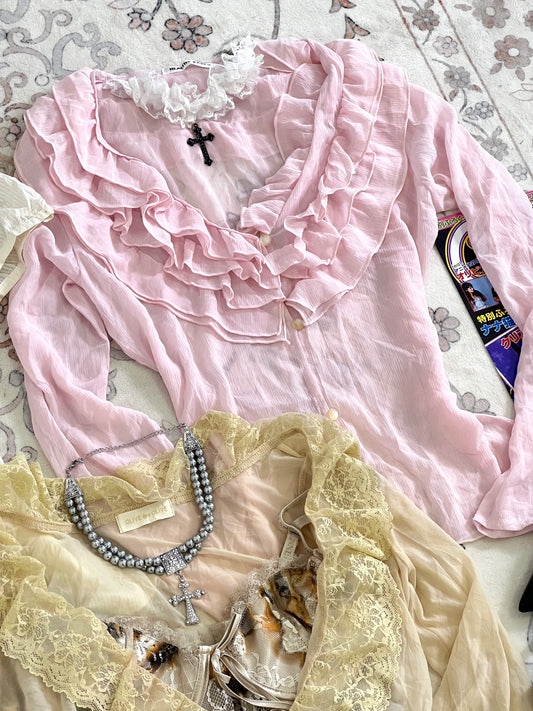 [MAYD110] Ruffle Milky Pink Blouse Cardigan