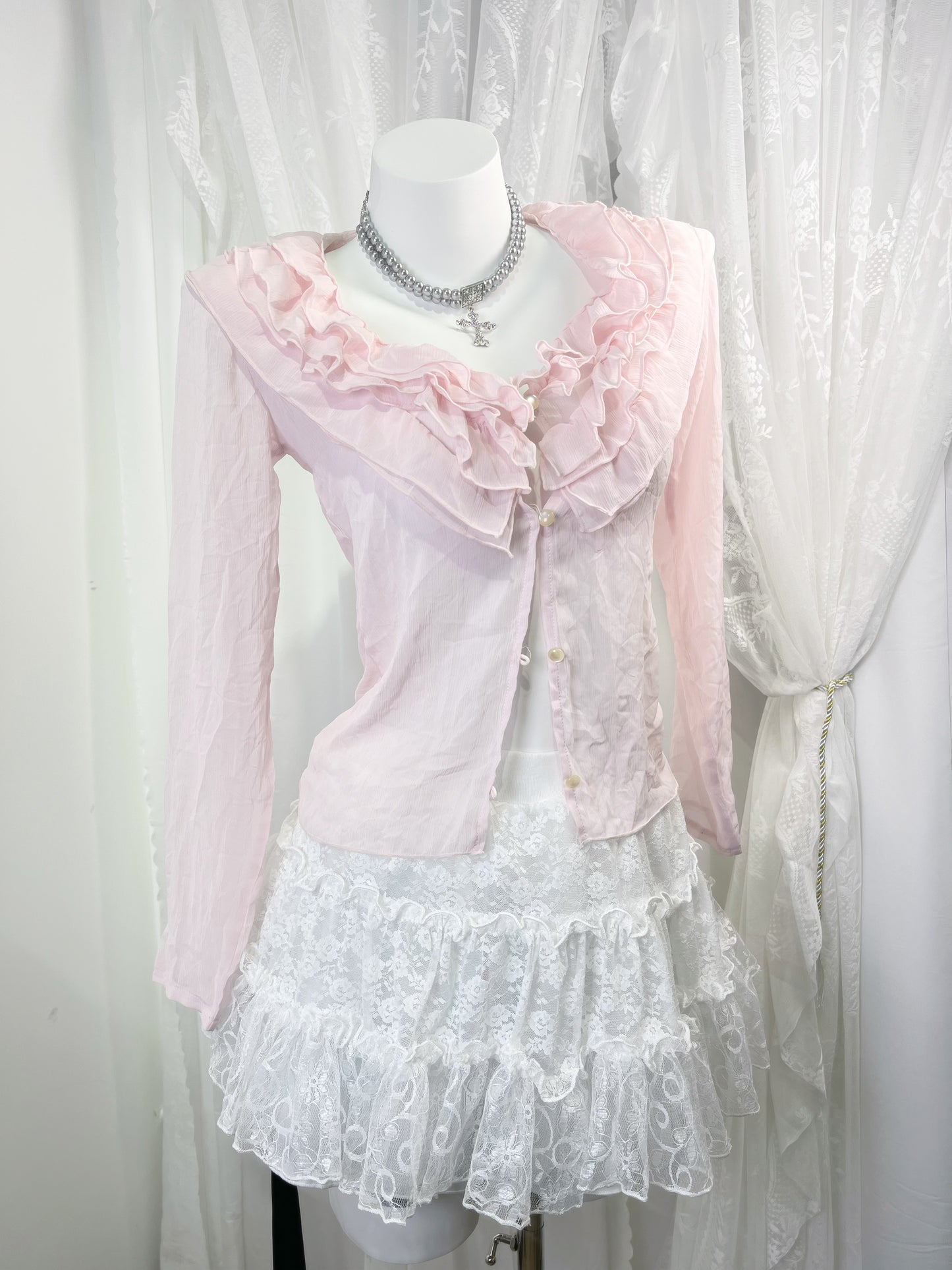 [MAYD110] Ruffle Milky Pink Blouse Cardigan
